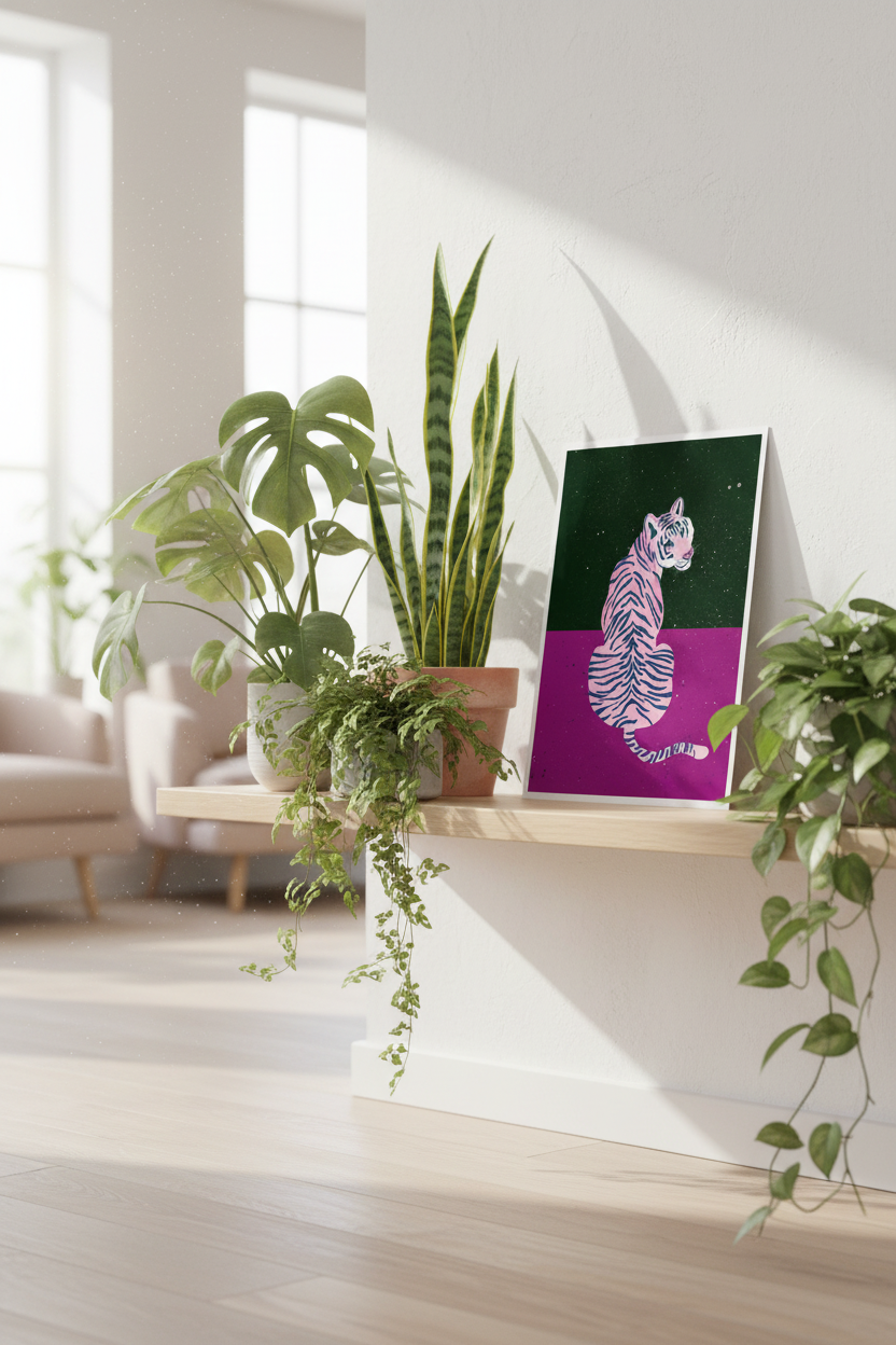 Tiger Purple Black print displayed with houseplants