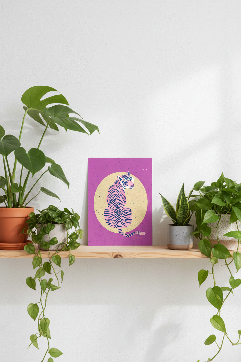 Tiger Yellow Sun print displayed with houseplants