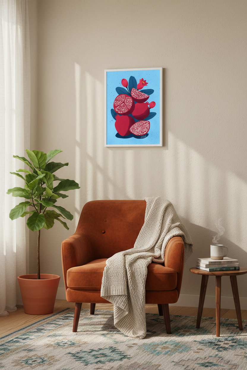 Pomegranate on Blue print framed in a living room