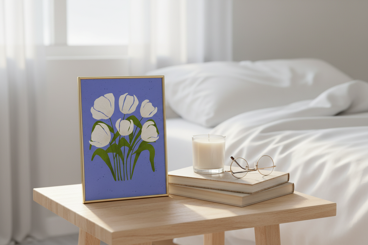 White Tulips Lavender Field Print on shelf with books showing 8x12 inch scale