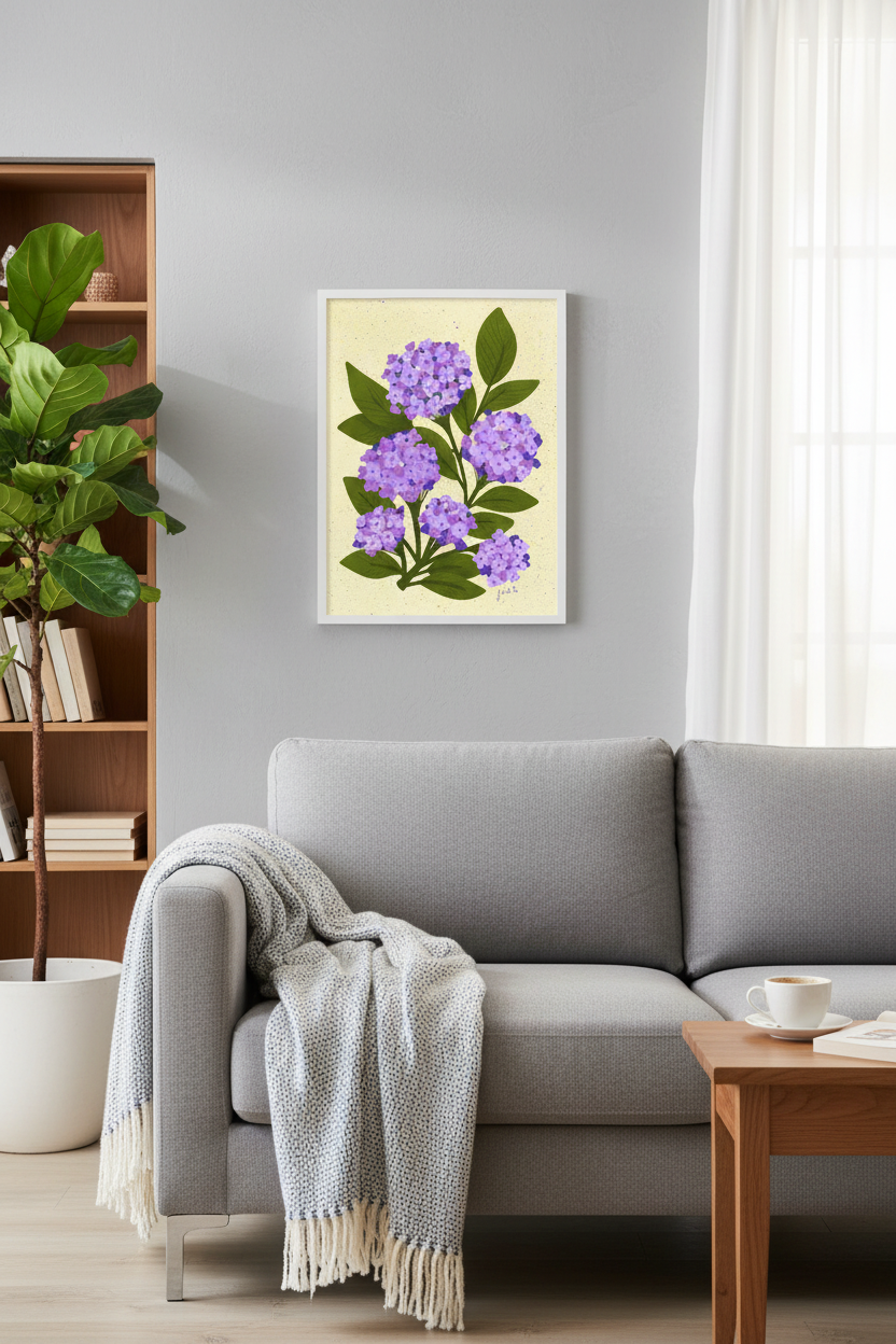 Purple Hydrangea print framed in a living room