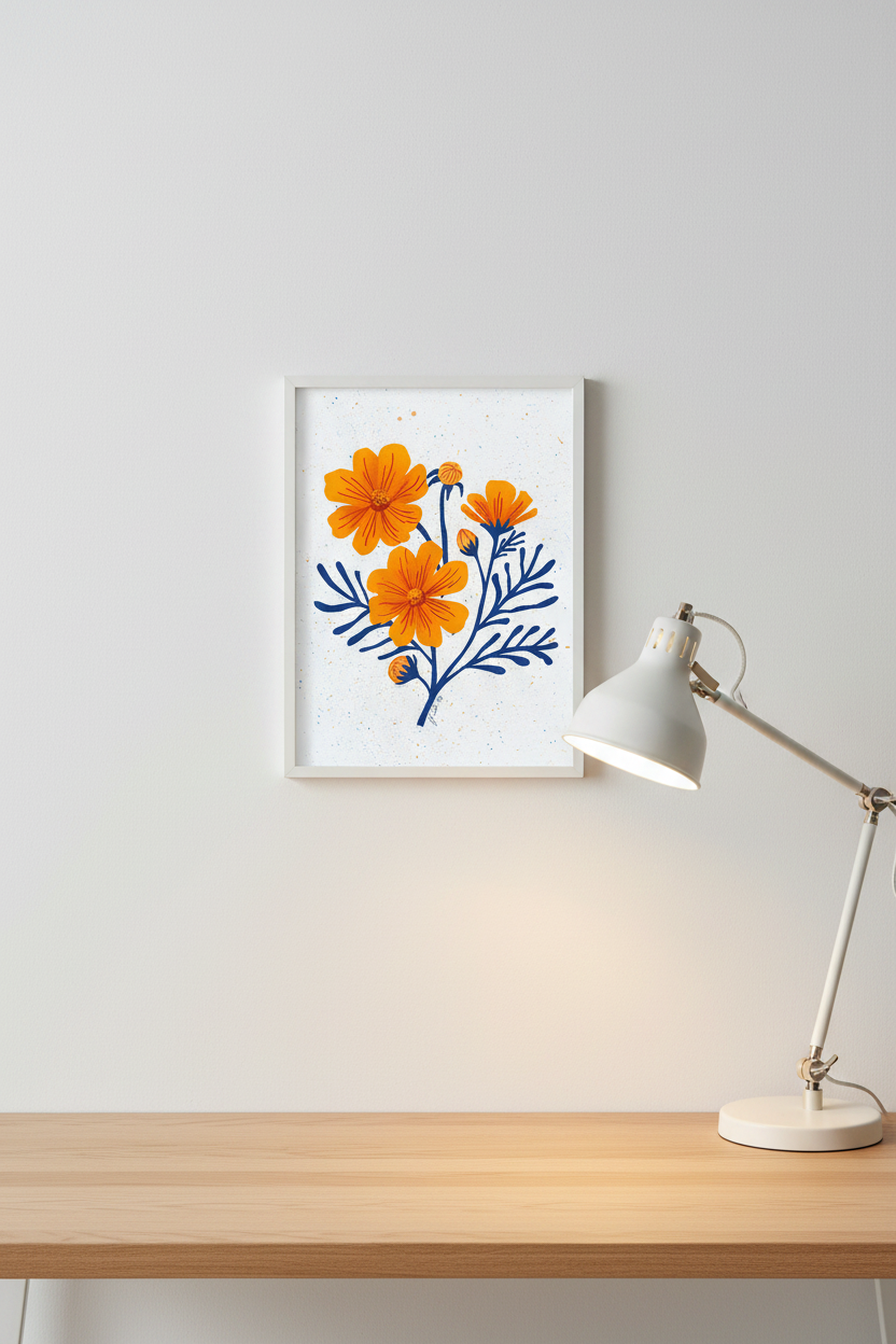 Cosmos print framed next to a desk lamp