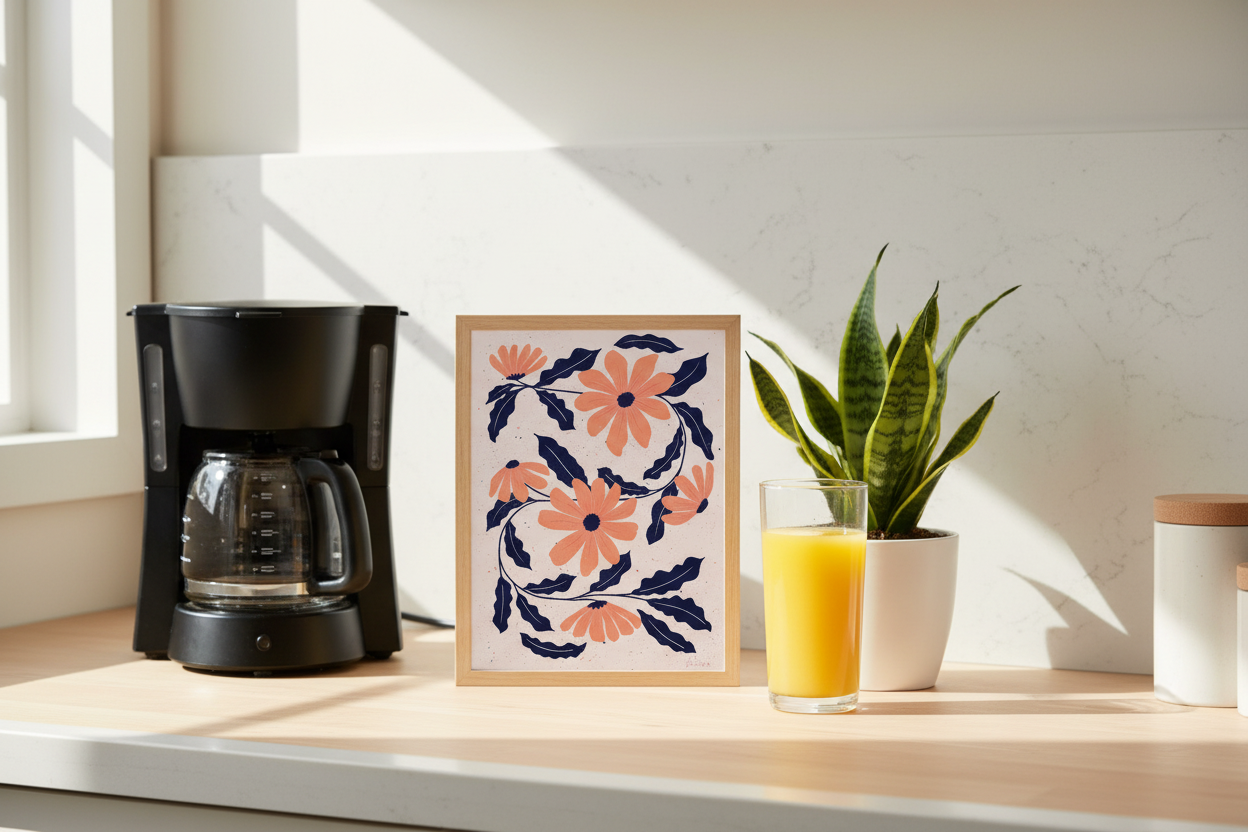 Orange Bloom Dance Print in kitchen with coffee maker showing 8x12 inch scale