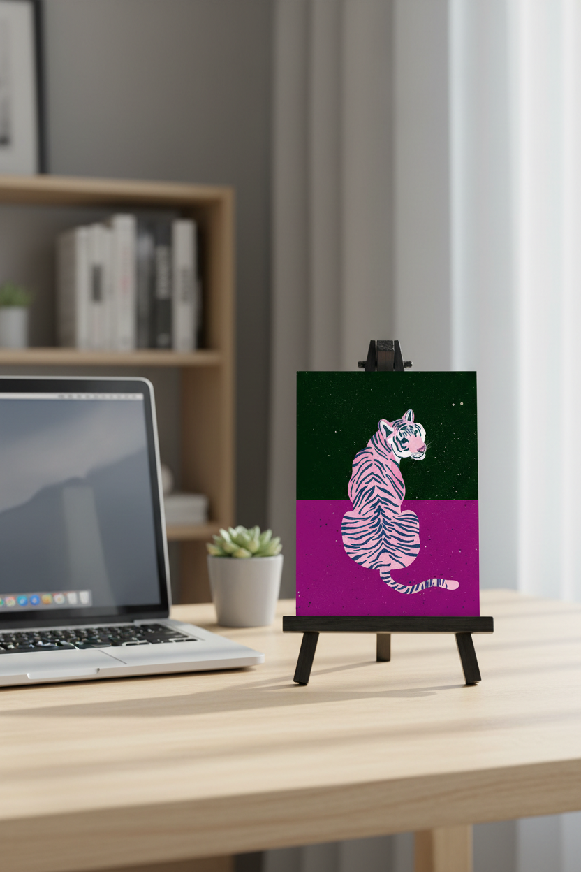 Tiger Purple Black print on a stand next to a laptop