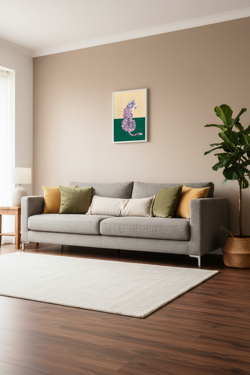 Tiger Yellow Green print framed in a living room at accurate A4 scale