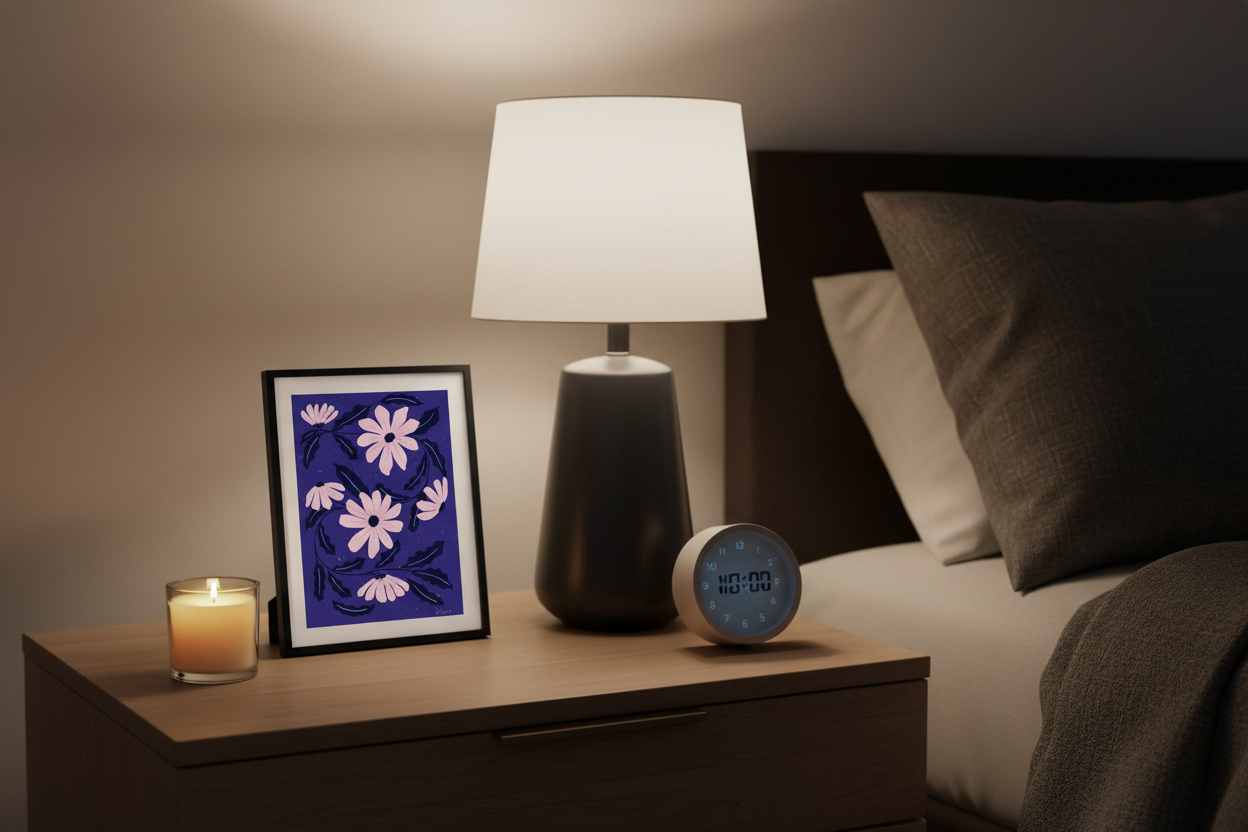 Midnight Bloom Dance Print on nightstand with lamp showing 8x12 inch scale
