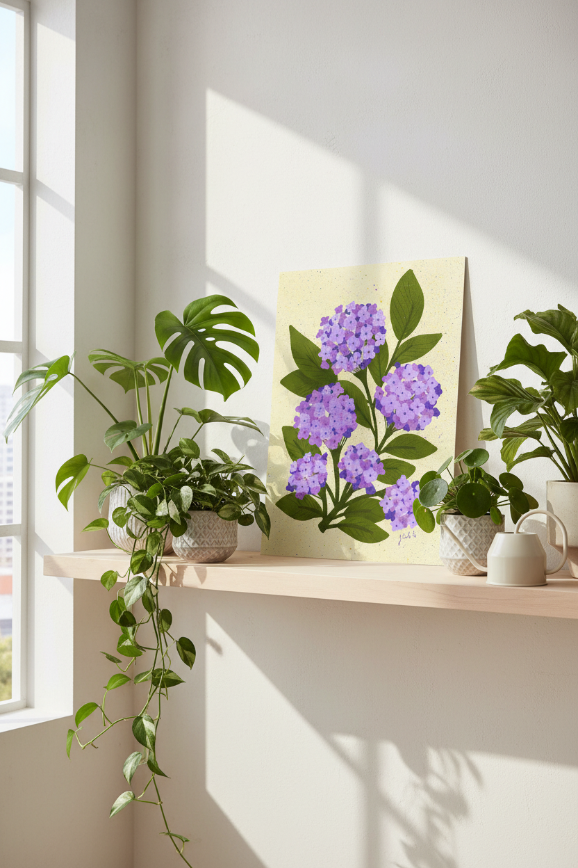 Purple Hydrangea print displayed with houseplants