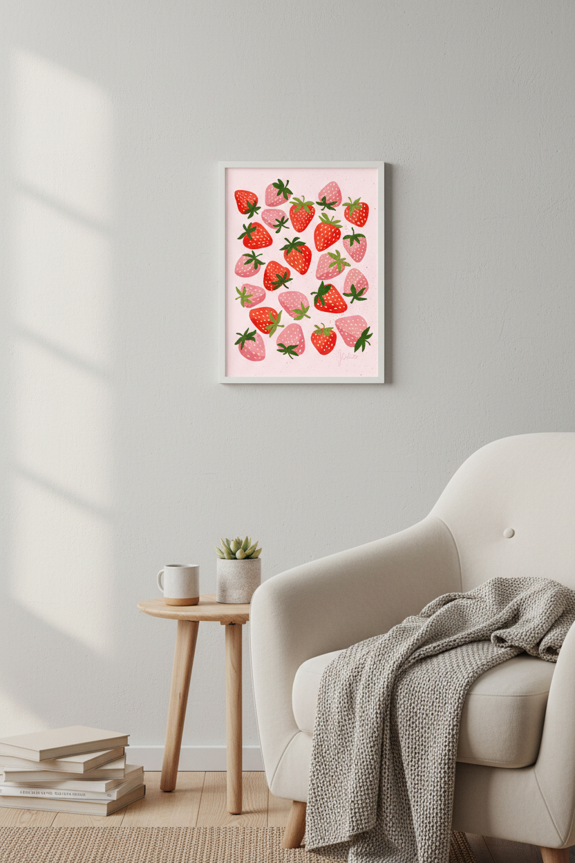 Strawberry print framed in a living room