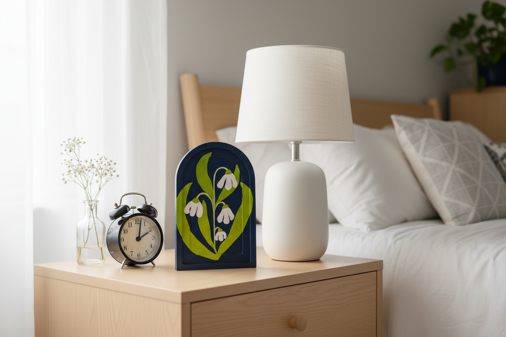 White Snowdrop Painting on nightstand with lamp showing 7x12 inch scale