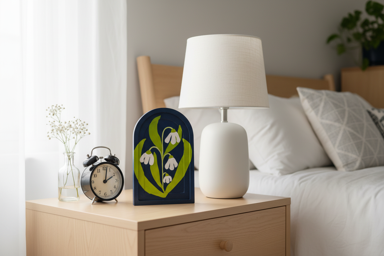 White Snowdrop Painting on nightstand with lamp showing 7x12 inch scale