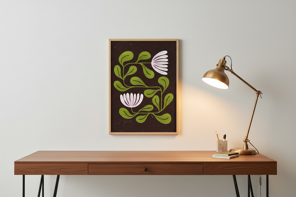 Wildflower Maze print displayed next to a desk lamp