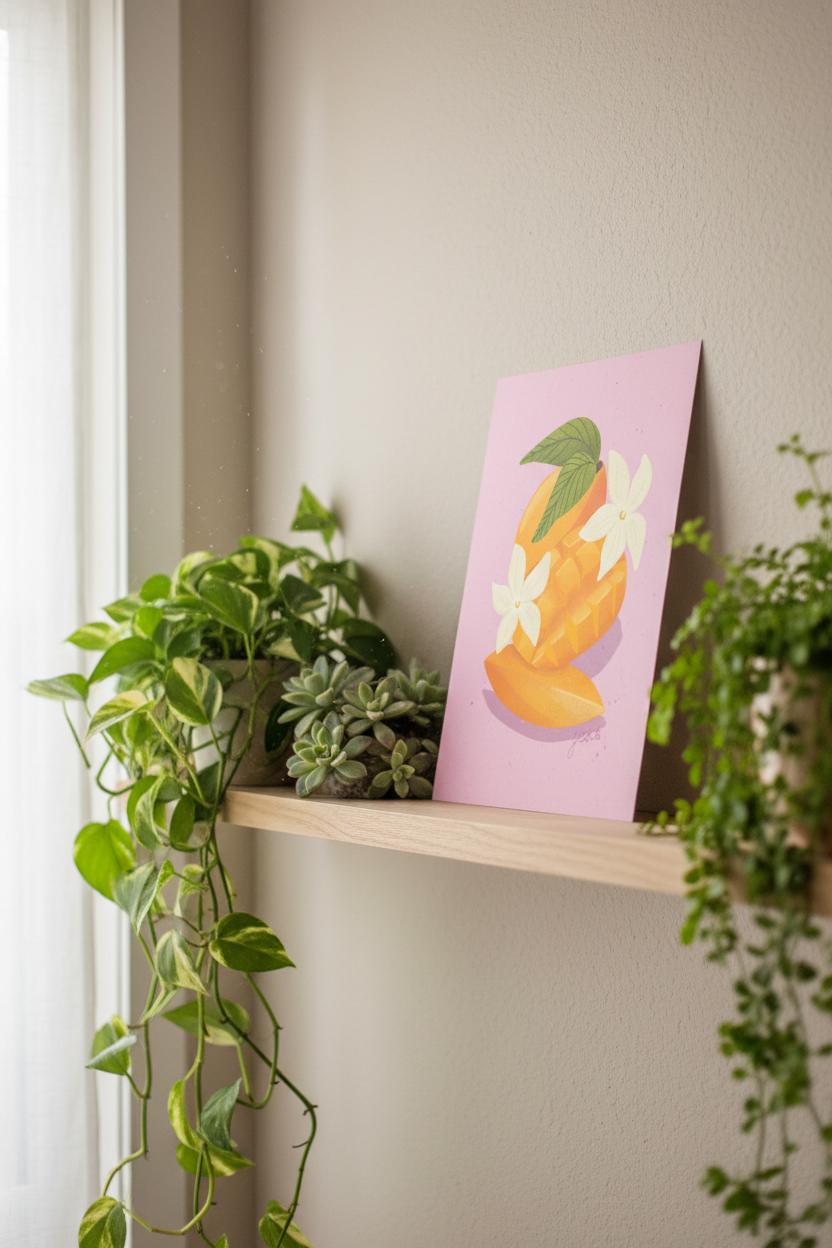 Sliced Mango Pink print displayed with houseplants