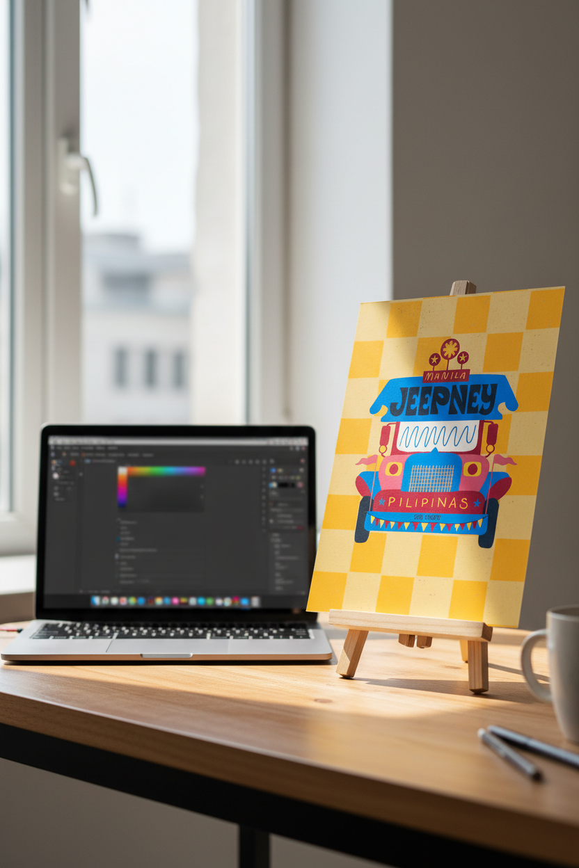 Filipino Jeepney Pinoy Pride print on a stand next to a laptop