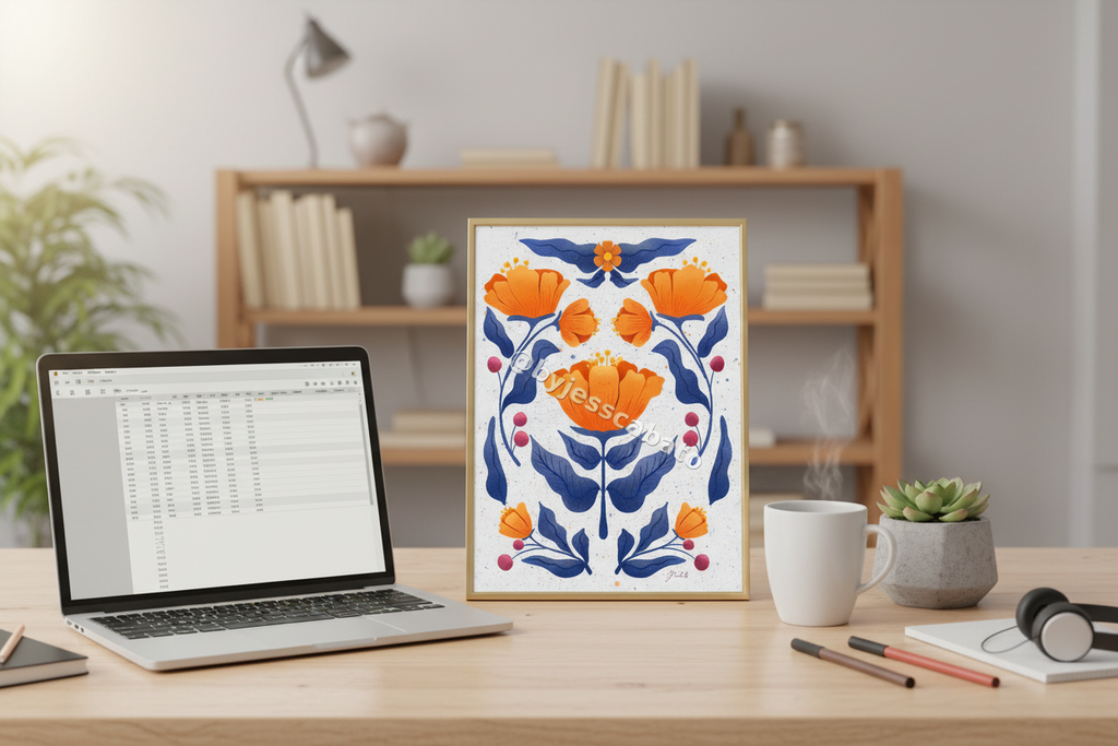 Symmetry Flowers Print on desk with laptop showing compact size