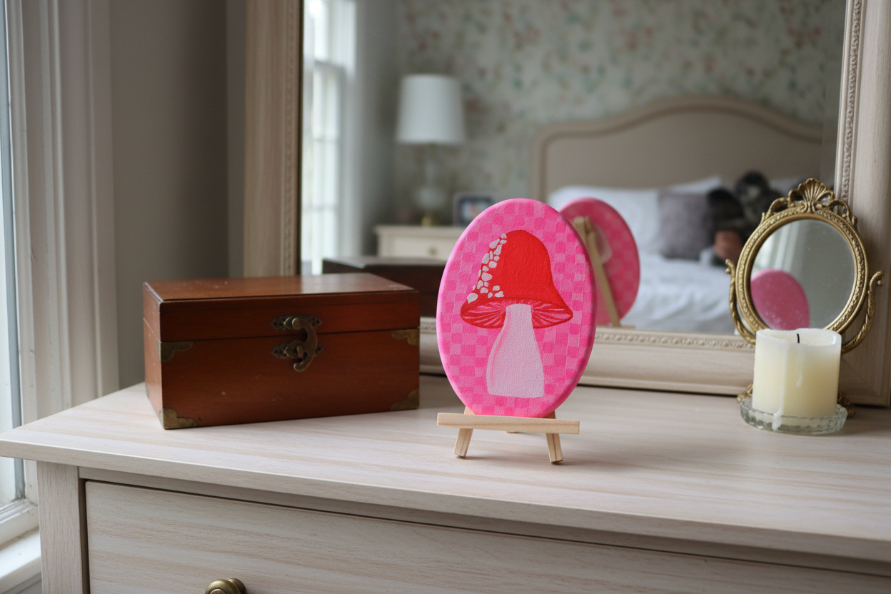 Pink Mushroom Painting on dresser unframed showing 7x9 inch scale