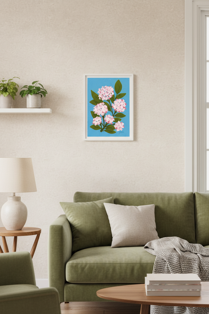 Hydrangea Bloom print framed in a living room showing accurate A4 scale