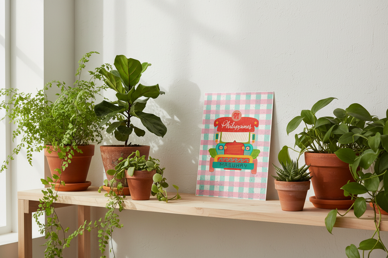 Filipino Jeepney Mabuhay print displayed with houseplants