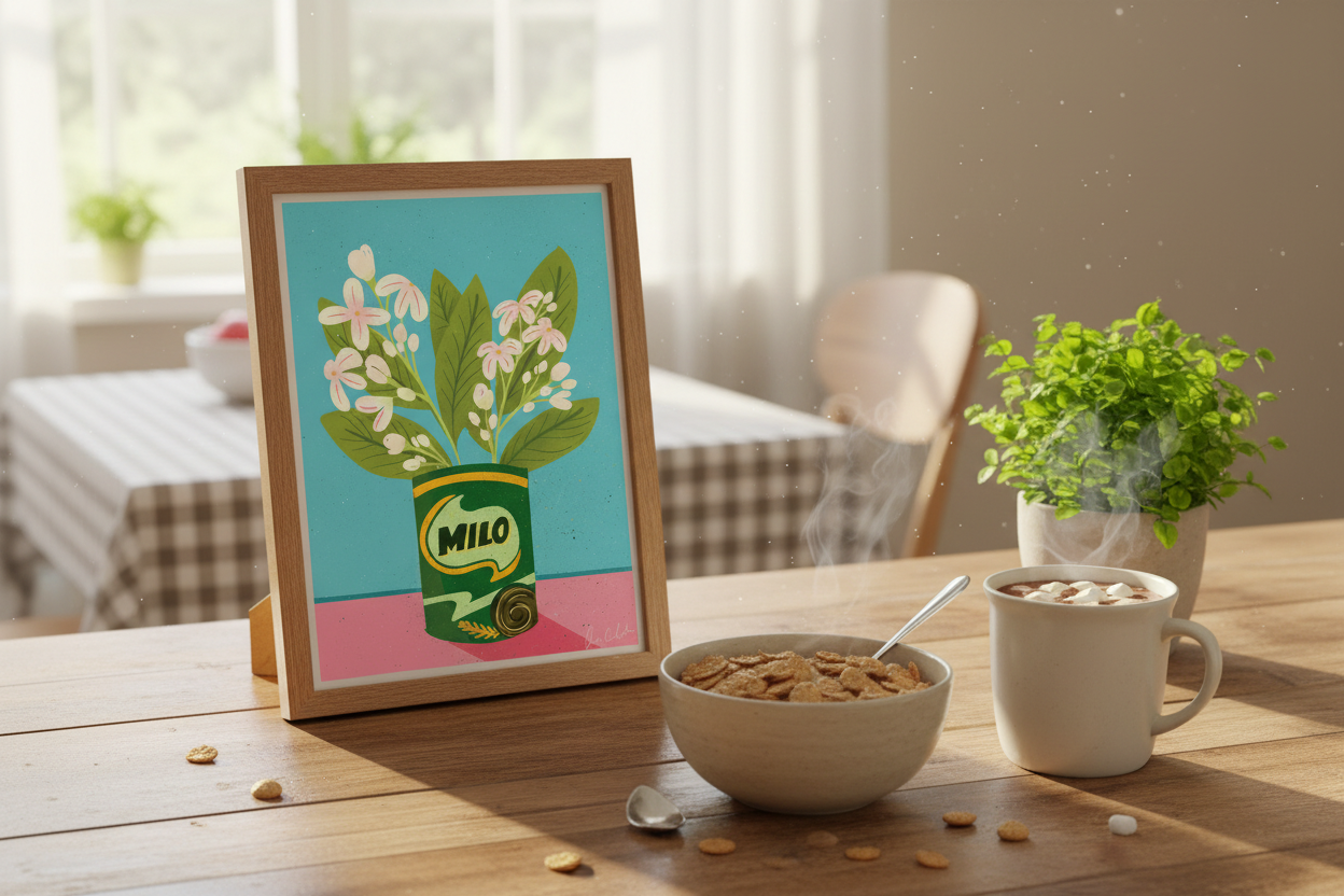 Milo Flower Can Filipino Print in breakfast nook with cereal bowl showing 8x12 inch scale
