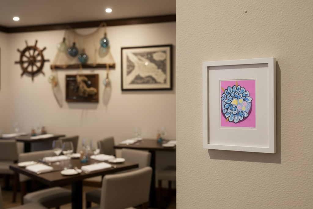 Pearl Tide Harvest print framed at a seafood restaurant