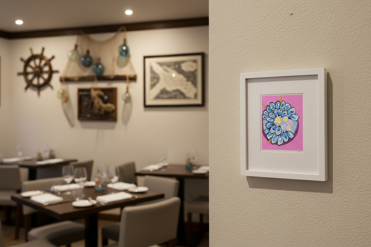 Pearl Tide Harvest print framed at a seafood restaurant