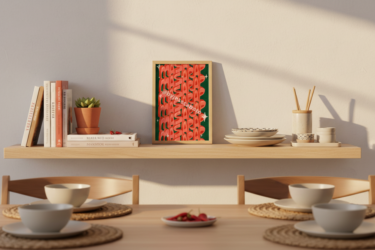 Masarap Lettering Filipino Print on dining shelf with cookbooks showing 8x12 inch scale