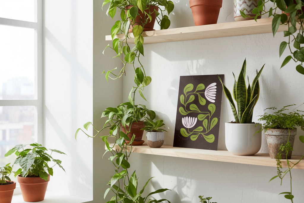 Wildflower Maze print displayed with houseplants
