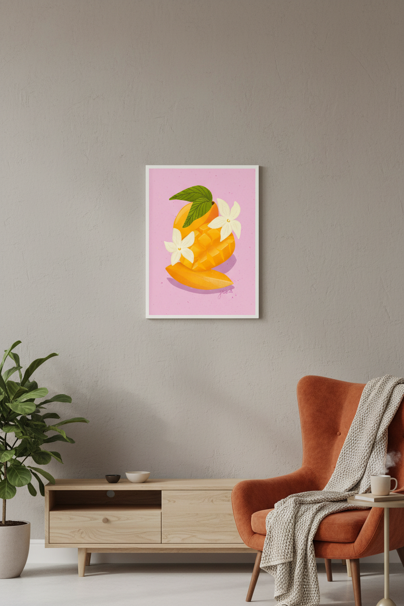 Sliced Mango Pink print framed in a living room