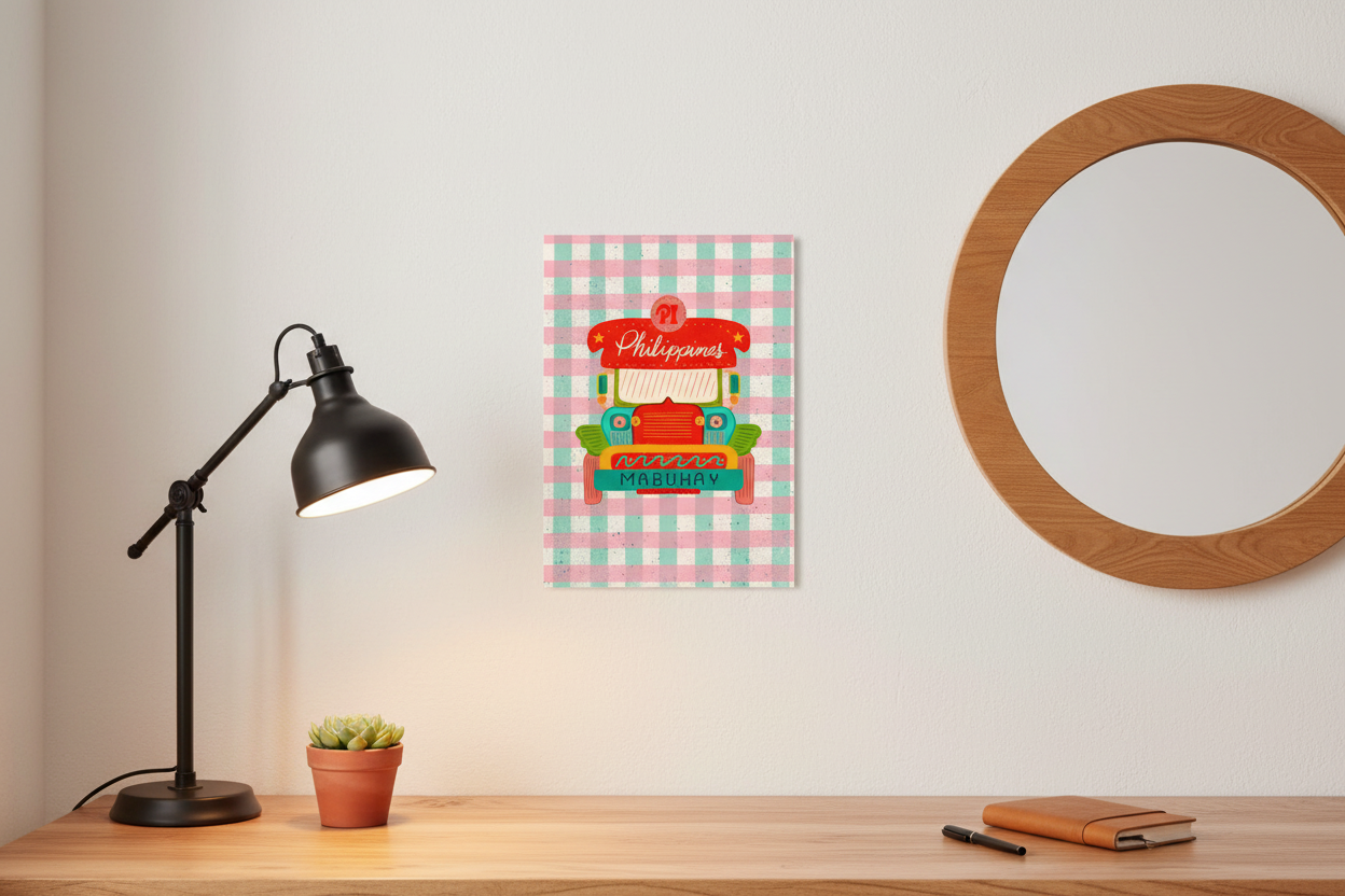 Filipino Jeepney Mabuhay print displayed next to a desk lamp