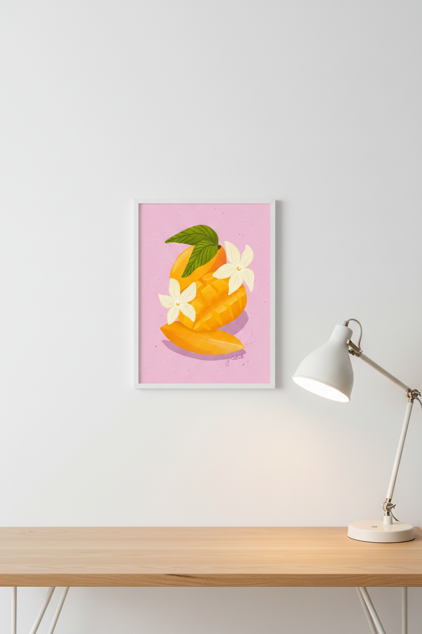 Sliced Mango Pink print framed next to a desk lamp