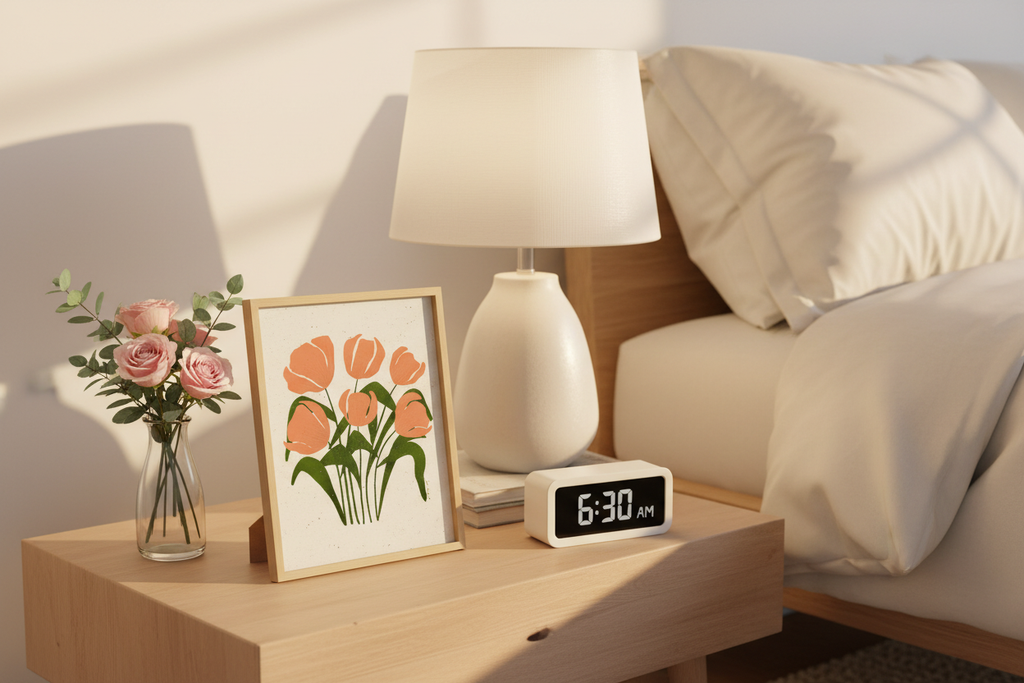 Peach Tulips Soft Cream Print on nightstand with lamp showing 8x12 inch scale
