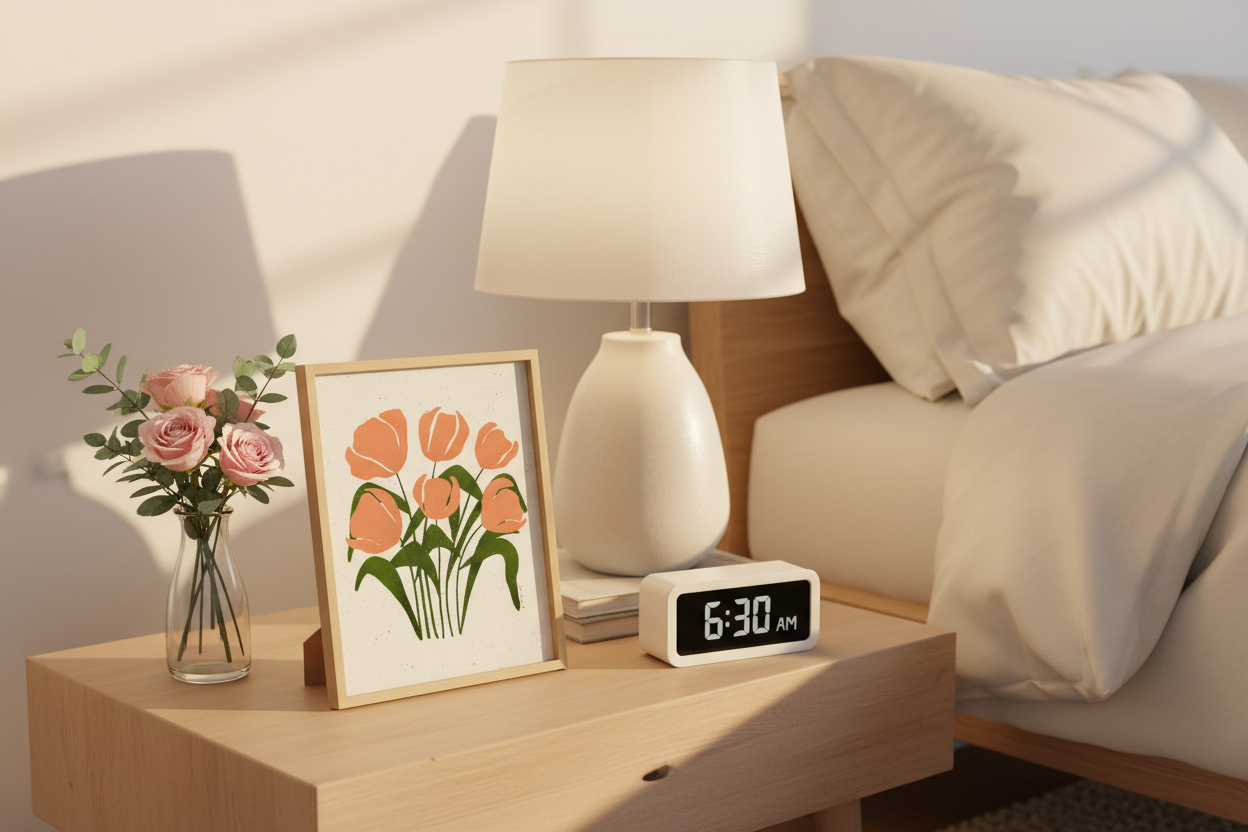 Peach Tulips Soft Cream Print on nightstand with lamp showing 8x12 inch scale