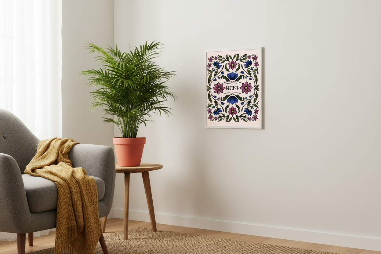 Hope in Bloom print framed in a living room