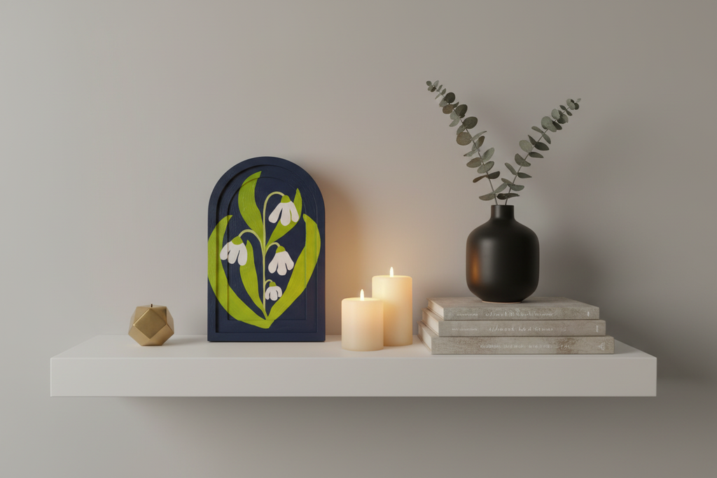 White Snowdrop Painting on shelf with books showing 7x12 inch scale