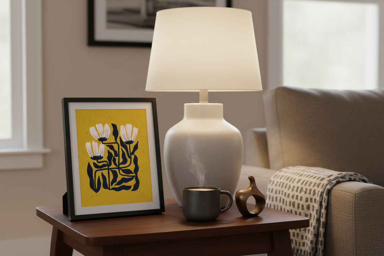 Midnight Bloom Grid Goldenrod Print on living room side table with lamp showing 8x12 inch scale