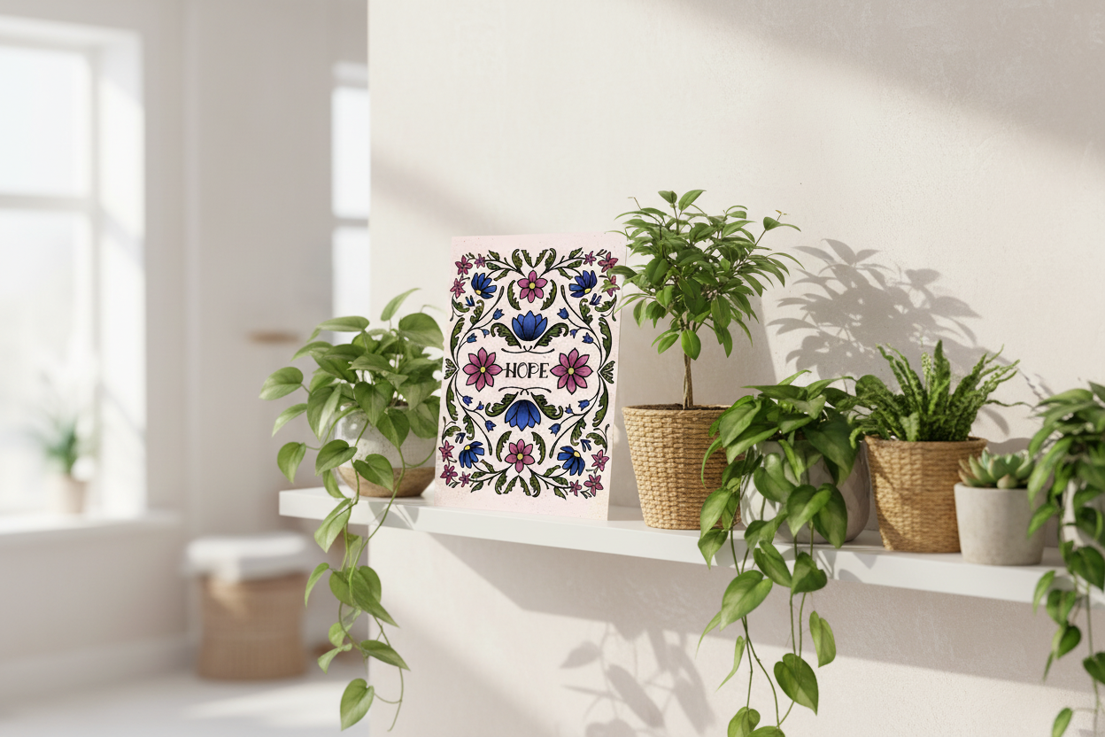 Hope in Bloom print displayed with houseplants