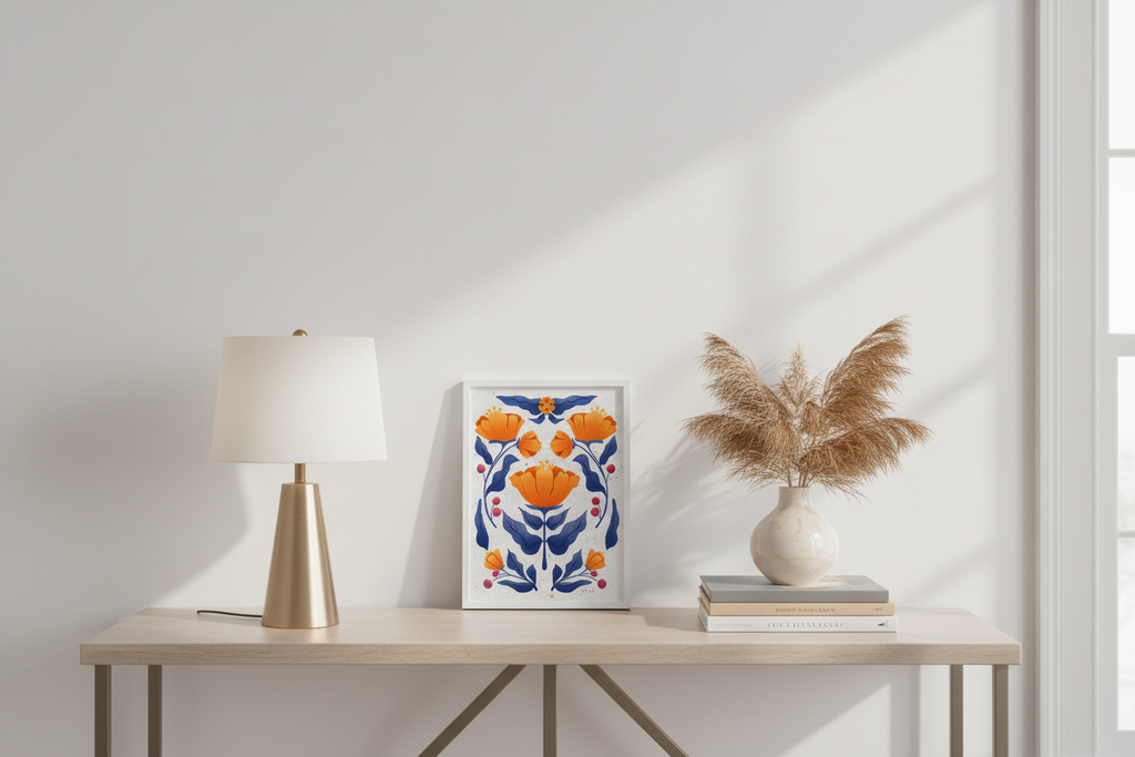 Symmetry Flowers Print on console table with lamp showing 8x12 inch scale