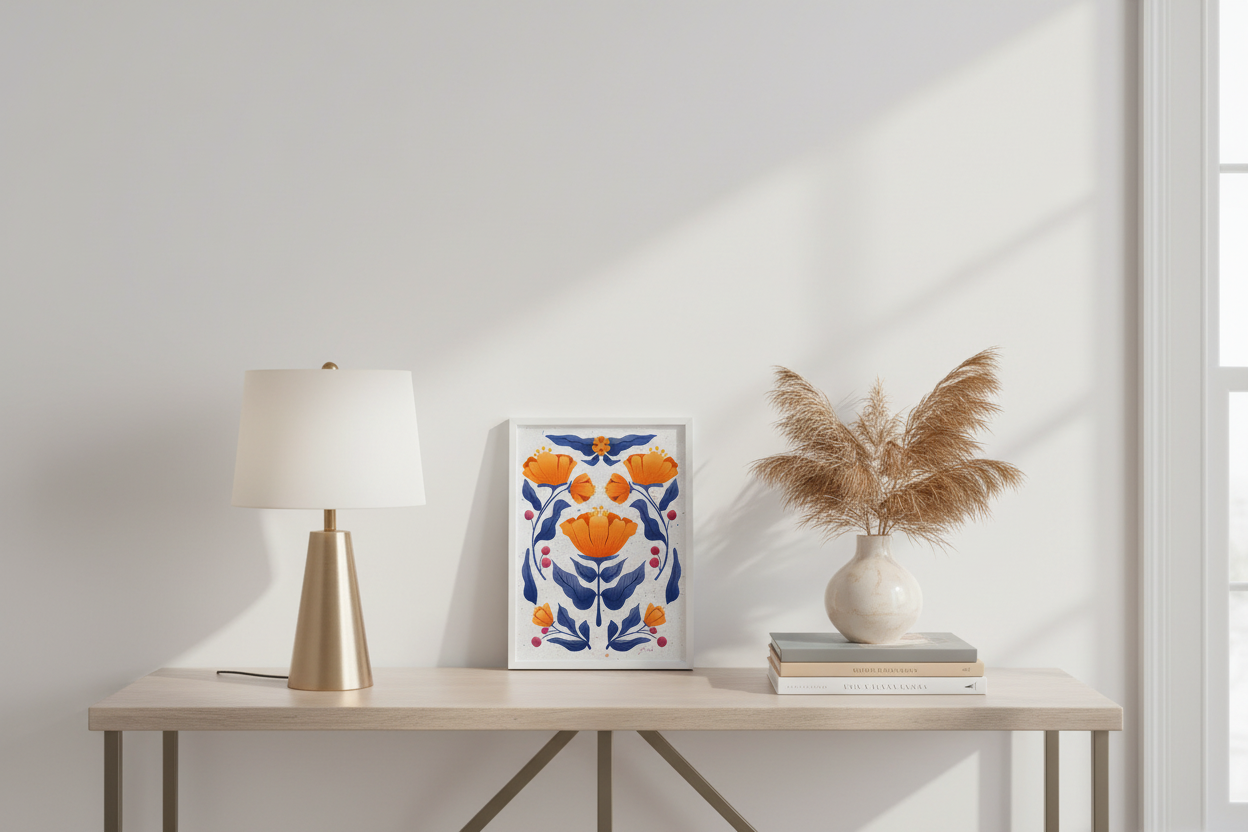 Symmetry Flowers Print on console table with lamp showing 8x12 inch scale