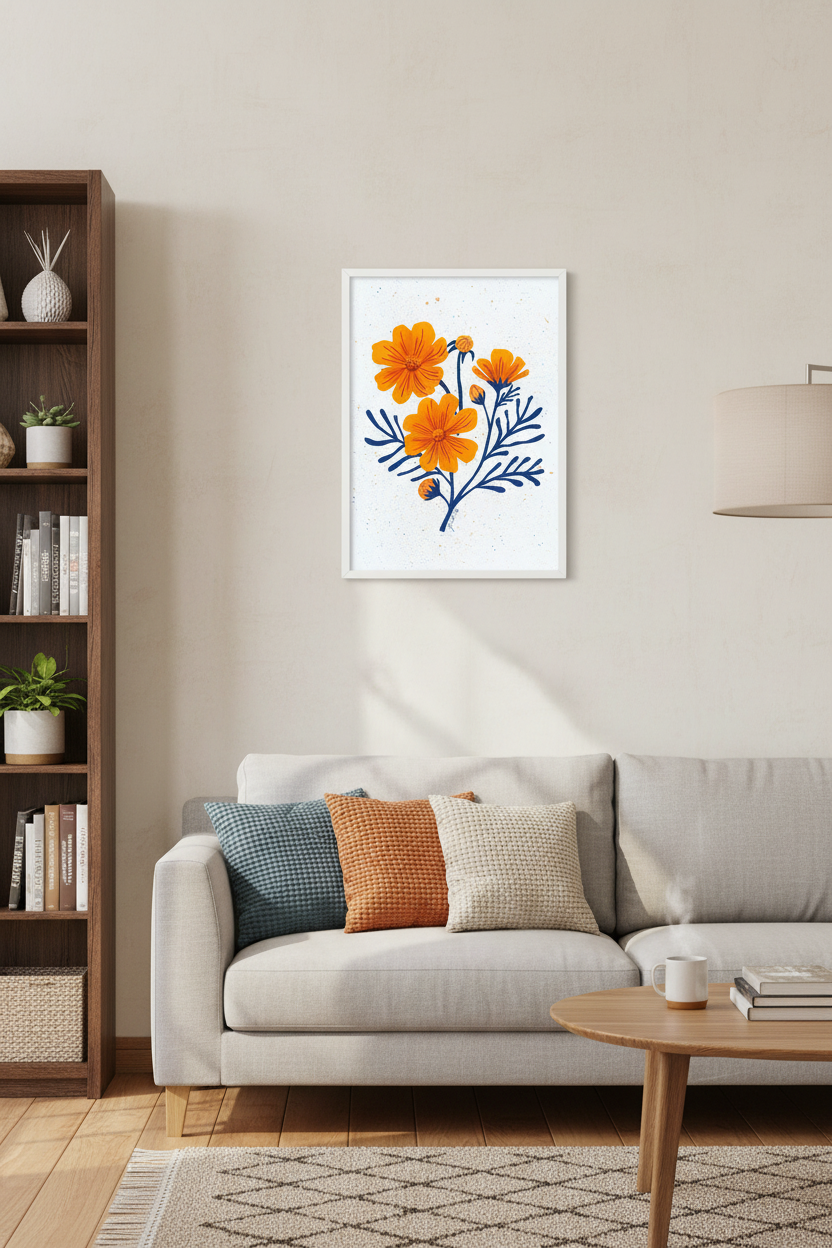 Cosmos print framed in a living room