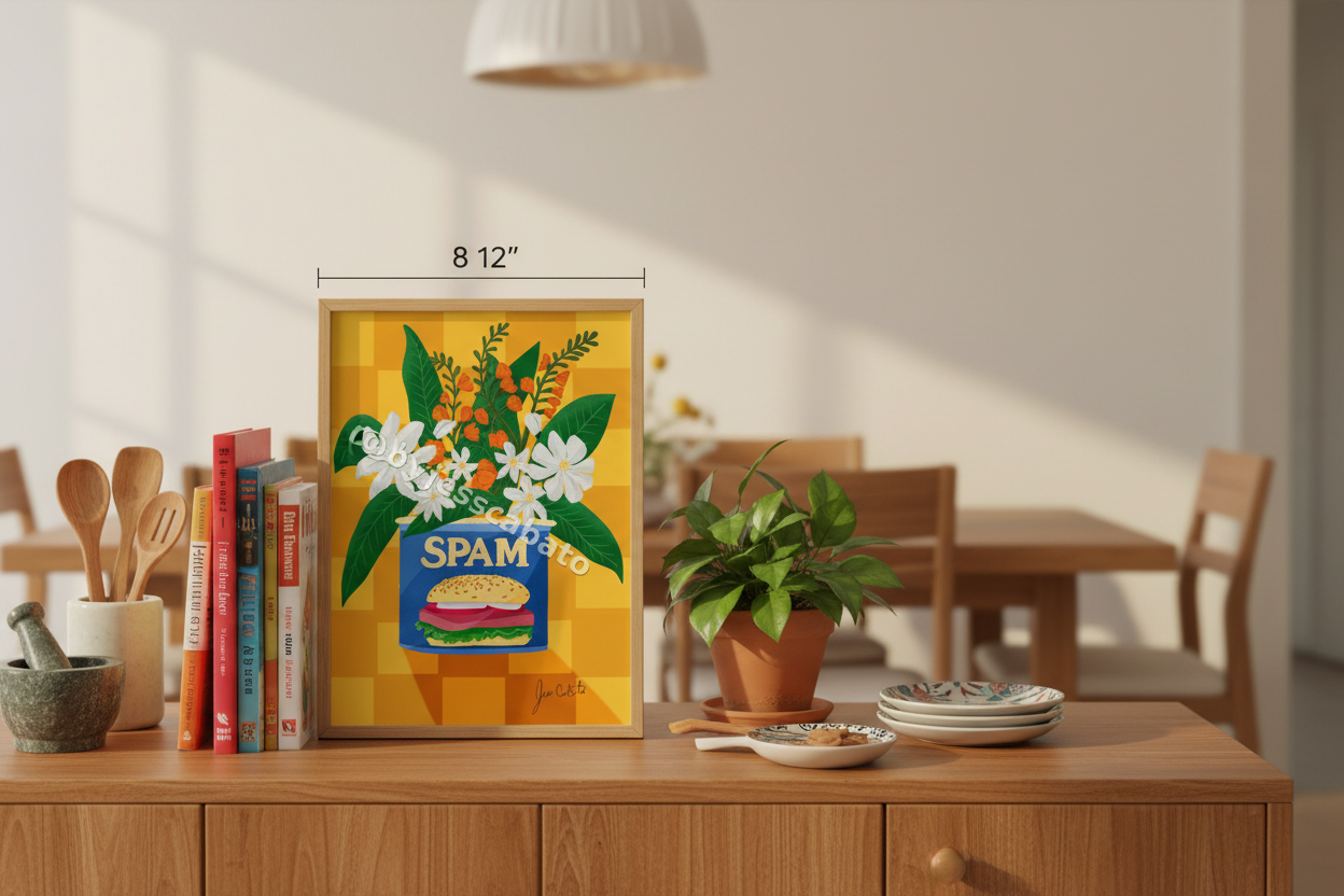 Spam Flower Can Filipino Print on dining shelf with cookbooks showing 8x12 inch scale