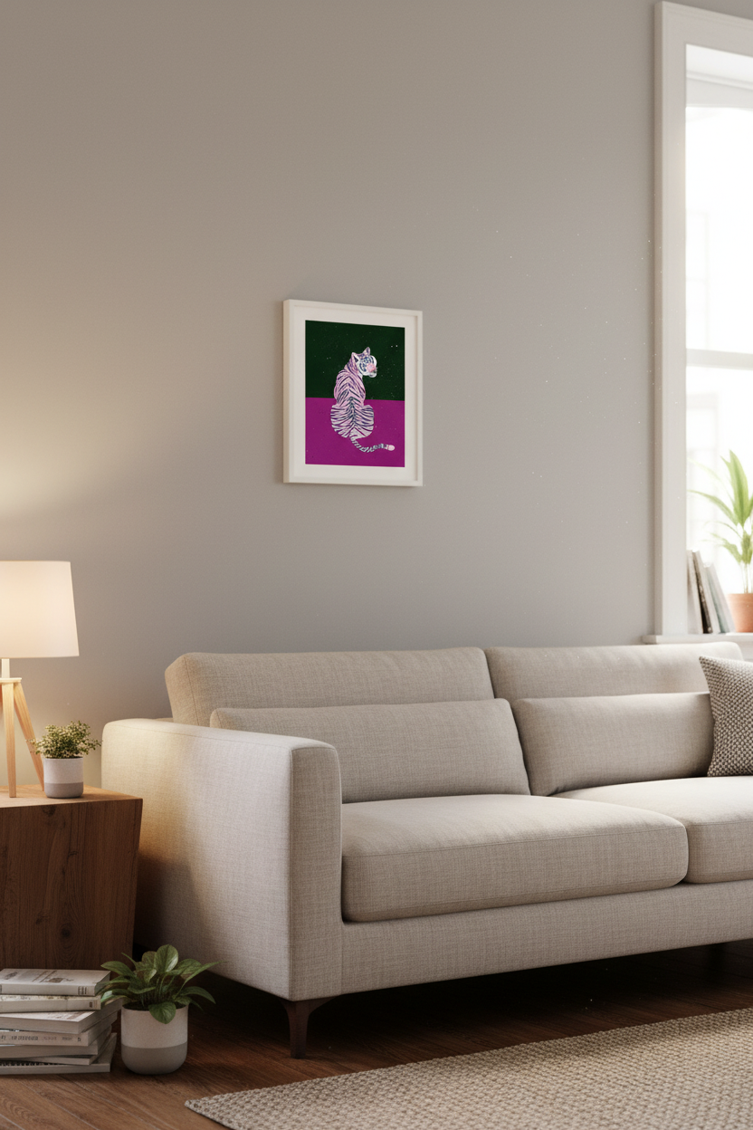 Tiger Purple Black print framed in a living room
