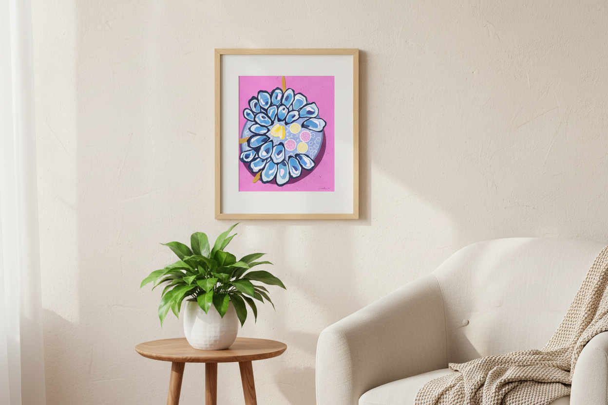Pearl Tide Harvest print in a living room with potted plant