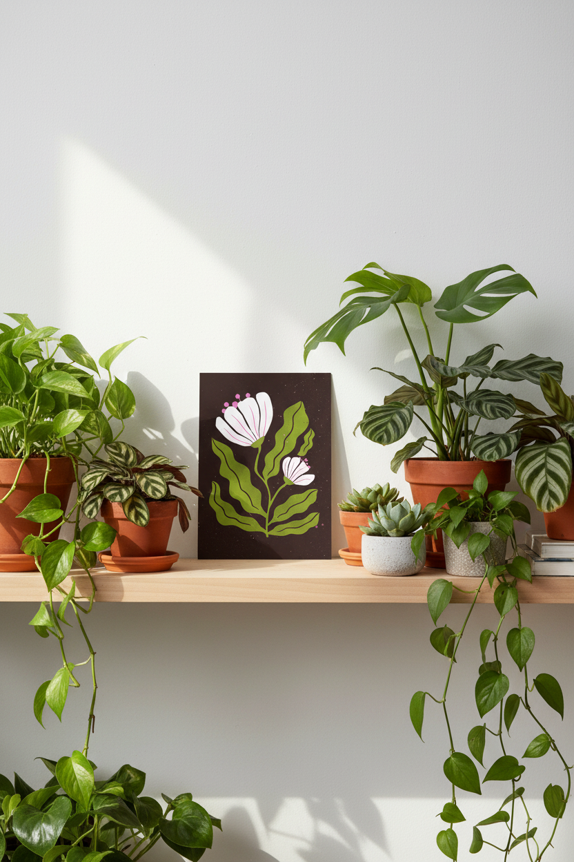 Retro Brown print displayed with houseplants