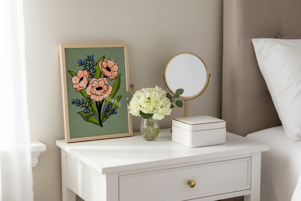 Coral Bouquet Green Print on dresser with jewelry box showing 8x12 inch scale