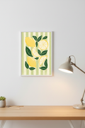 Lemon on Green print framed next to a desk lamp