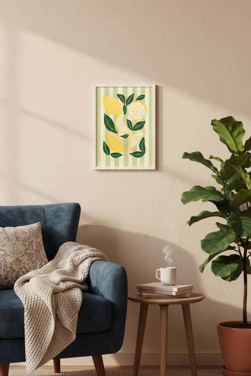 Lemon on Green print framed in a living room