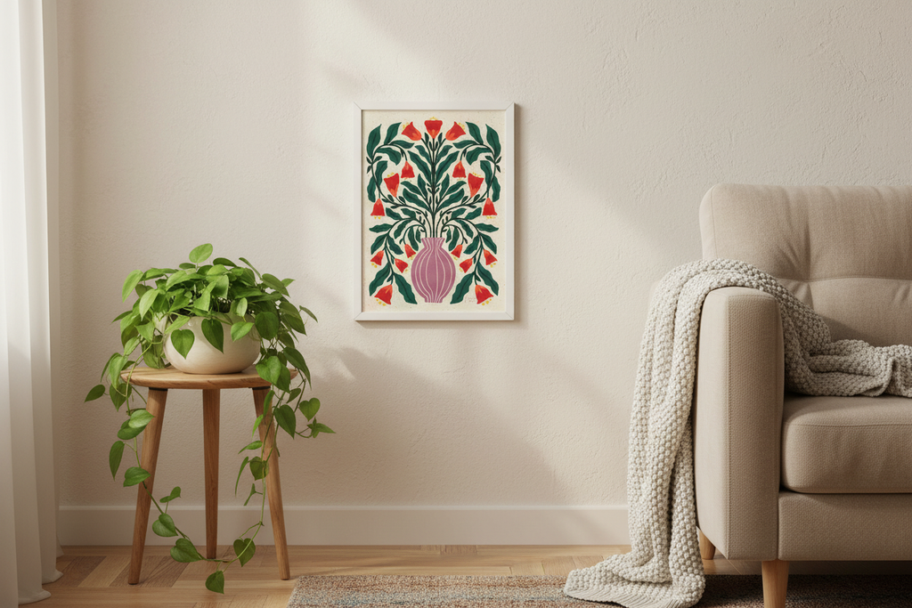 Purple Vase Red Bloom print framed in a living room