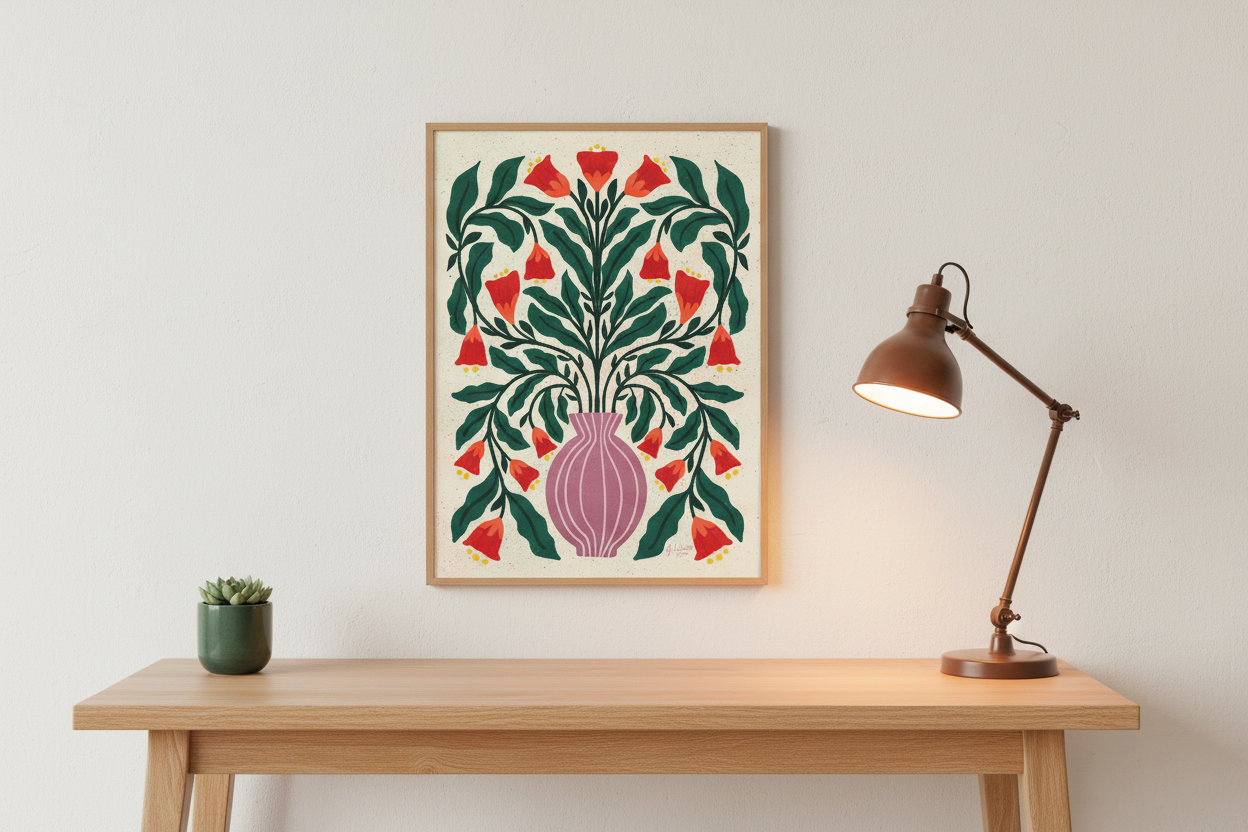 Purple Vase Red Bloom print displayed next to a desk lamp
