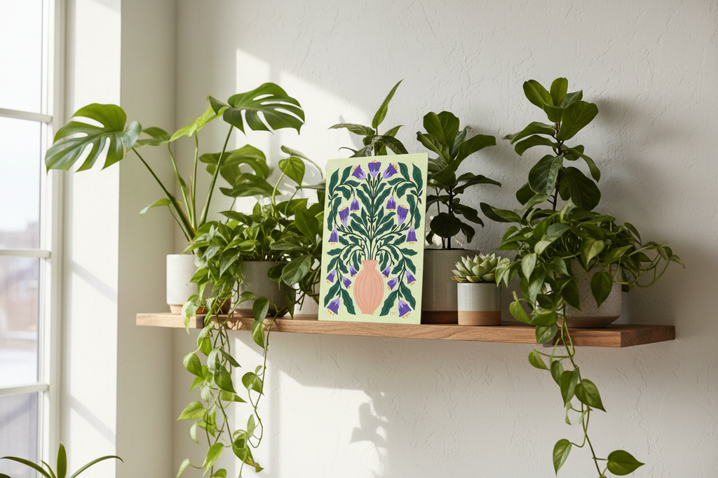 Orange Vase Purple Bloom print displayed with houseplants