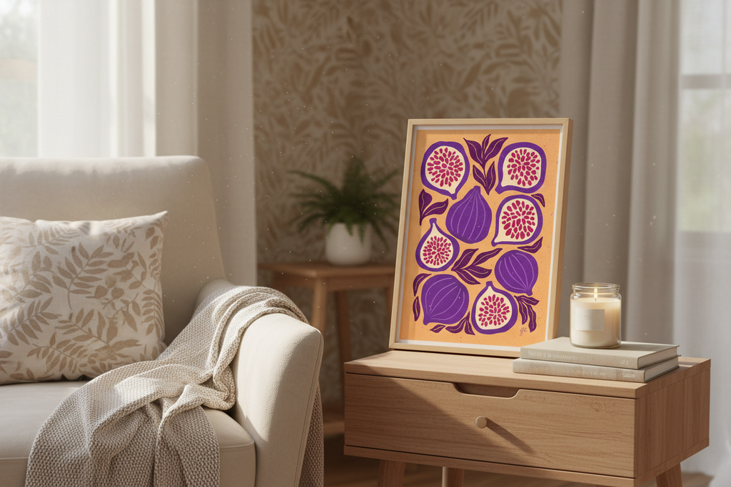 Sunset Fig Harvest Print in cozy reading nook with books and candle