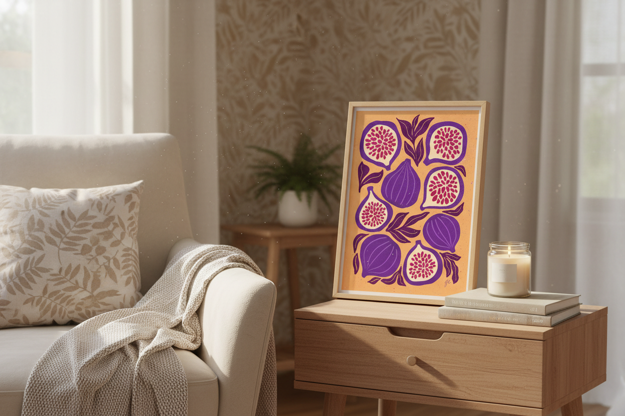 Sunset Fig Harvest Print in cozy reading nook with books and candle